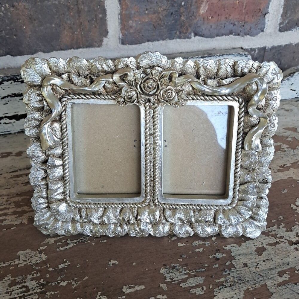 Vtg  Platinum Resin Floral Ornate Double Frame 7x5” Ruffle Ribbon Cottage Core